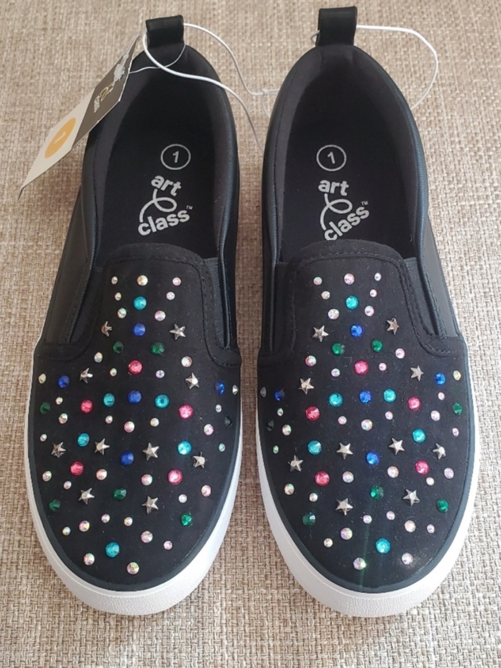 NWT-Kids Sz.2 Art Class Girls' Black Slip-On Sneakers &  Multicolor Gem Accents